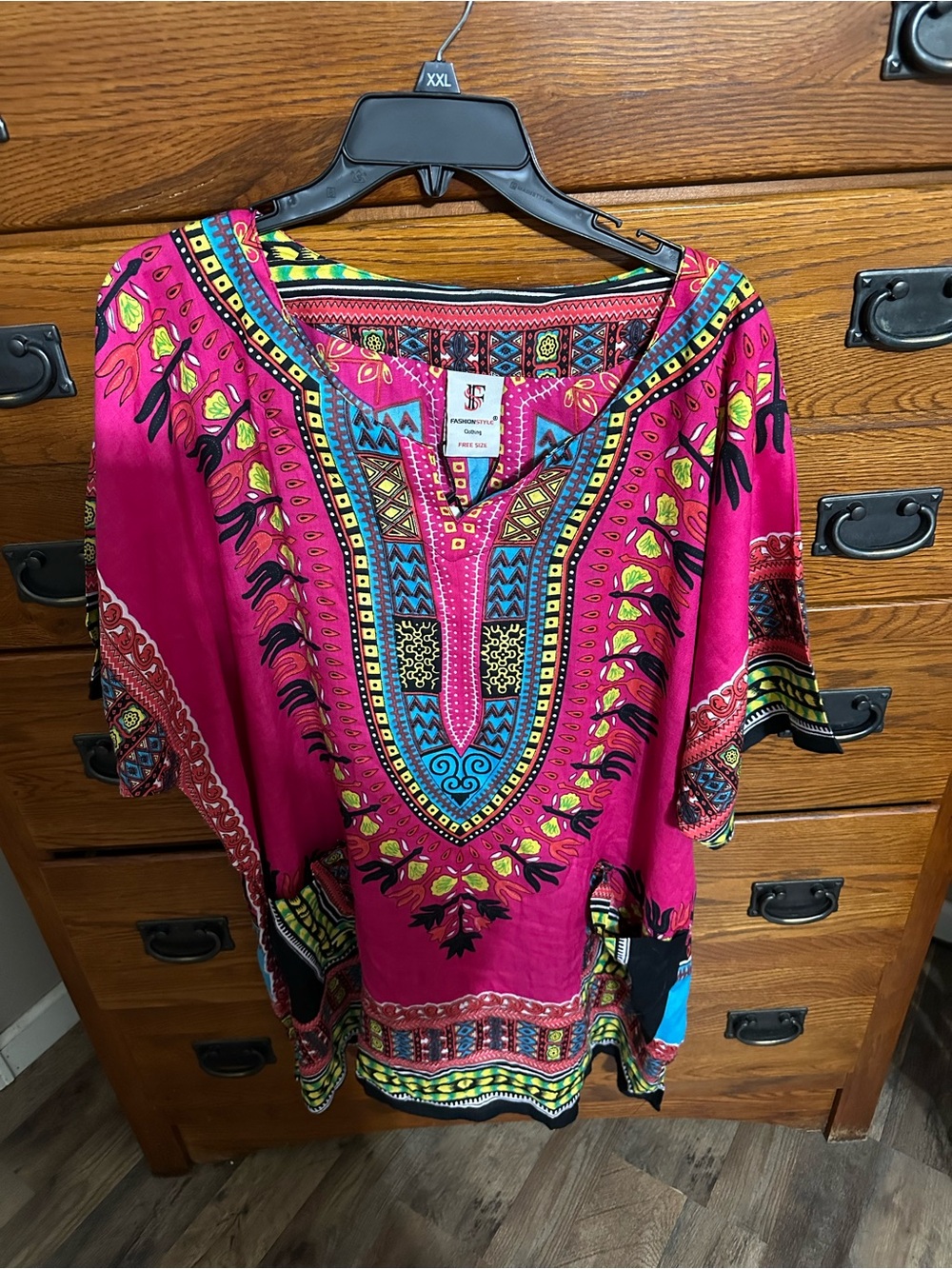 Bright Fuchsia Printed Tunic Top with V-Neck Detail